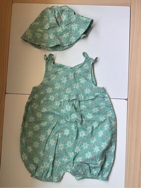 April Cornell Green Floral Cotton Bubble Romper with Sun Hat 6-12m